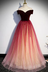 Burgundy Velvet Tulle Long Prom Dresses, Off the Shoulder Formal Evening Dresses