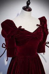 Burgundy Velvet Long Prom Dresses, A-Line Short Sleeve Evening Dresses