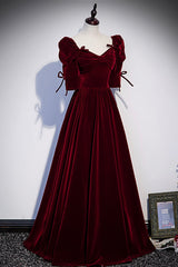 Burgundy Velvet Long Prom Dresses, A-Line Short Sleeve Evening Dresses