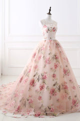Pink Floral Pattern Lace Long Prom Dress, A-Line Formal Dress