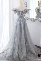 Gray Tulle Lace Long Prom Dresses, A-Line Sequins Evening Dresses