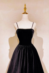 Black Velvet Pearls Long Prom Dresses, Black A-Line Evening Party Dresses