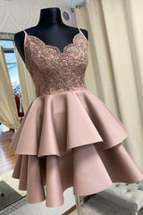 A-Line Satin Lace Short Prom Dress, Cute Lace Party Dress