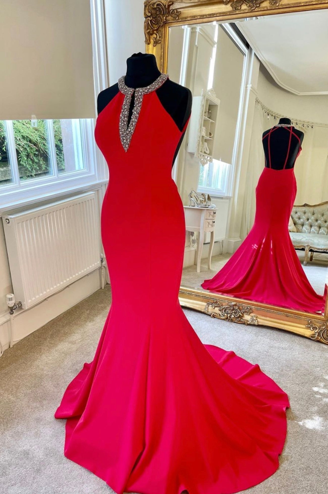 Red Backless Long Prom Dresses, Mermaid Evening Dresses
