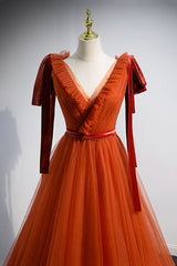 Simple V-Neck Tulle Long Prom Dress, A-Line Formal Evening Dress