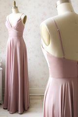 Pink V-Neck Satin Long Prom Dress, A-Line Evening Dress