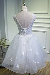 White Lace Short Prom Dress, White Mini Evening Party Dress