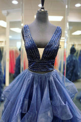 Blue Tulle Beading Long Prom Dresses, A-Line Two Pieces Evening Dresses