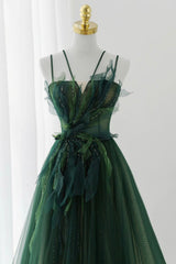 Green Tulle Long A-Line Prom Dress, Green Formal Evening Dress