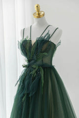 Green Tulle Long A-Line Prom Dress, Green Formal Evening Dress