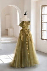 Green Tulle Long Prom Dresses, A-Line Off the Shoulder Evening Dresses