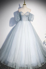 Blue Tulle Long A-Line Prom Dress, Blue Off the Shoulder Evening Dress