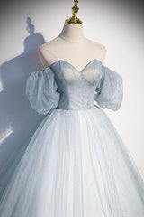 Blue Tulle Long A-Line Prom Dress, Blue Off the Shoulder Evening Dress