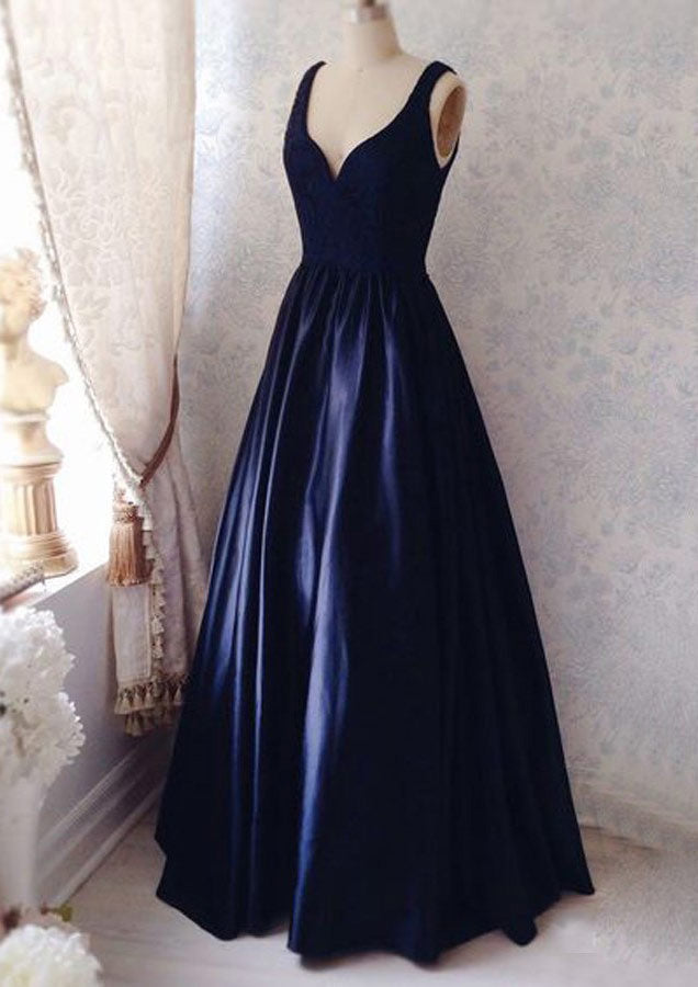 Dark Navy Prom Dresses, A-line/Princess V Neck Sleeveless Long/Floor-Length Satin Prom Dress