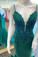 Hunter Green Floral Plunging V Mermaid Long Prom Dress