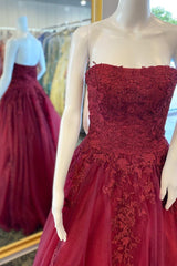 Wine Red Floral Lace Strapless A-Line Prom Dress