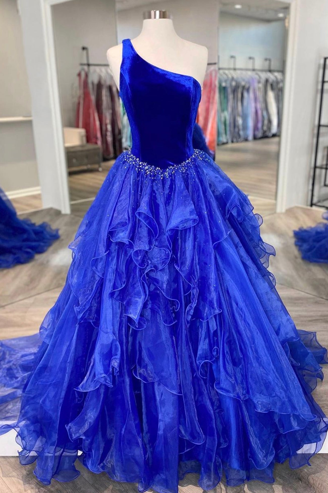 Blue Velvet Tulle One Shoulder Prom Dress, Blue Floor Length Evening Dress