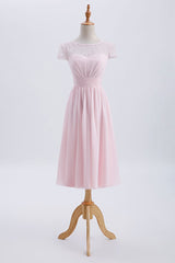 Princess Pink Chiffon and Lace Short Sleeves Bridesmaid Dress