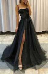 Black A Line Spaghetti Straps Dresses de fiesta con hendidura, vestido de noche brillante