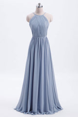 Misty Blue Scoop Chiffon A-line Long Bridesmaid Dress