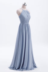 Misty Blue Scoop Chiffon A-line Long Bridesmaid Dress
