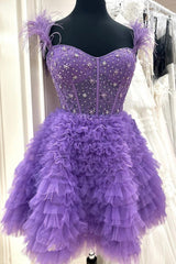 Purple Tulle Beaded Knee Length Prom Dress, A-Line Party Dress