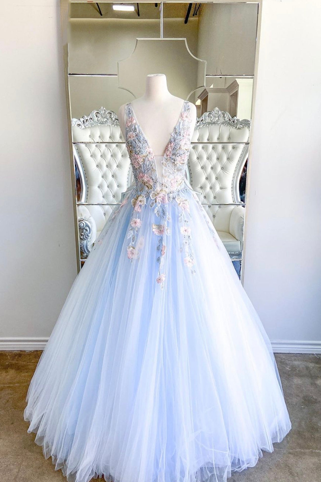 Blue V-Neck Tulle Lace Long Prom Dresses, Elegant Blue Formal Dresses