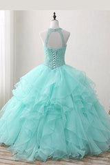 Mint Ball Gown Floor Length Halter Keyhole Back Beading Ruffles Prom Dresses