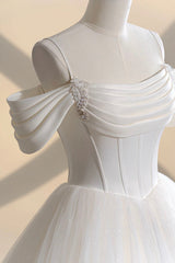 Ivory Tulle Off the Shoulder Formal Gown, Elegant A-Line Wedding Dress