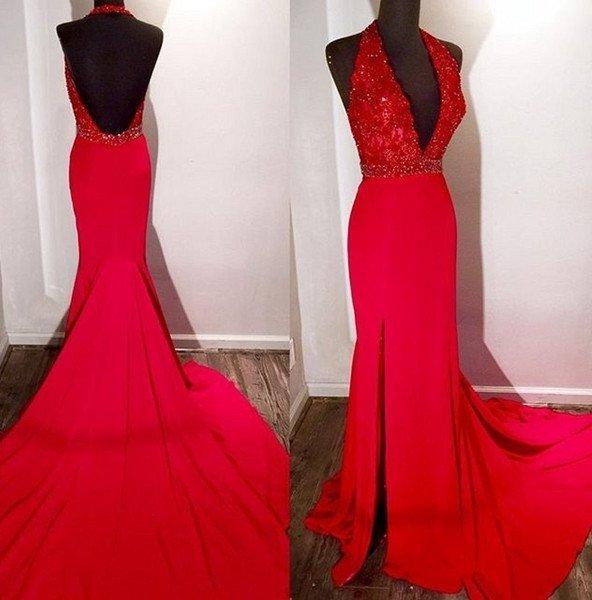 2024 Gorgeous Red Halter Side-Slit Mermaid/Trumpet Satin Prom Dresses