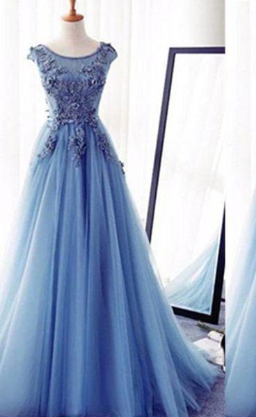 Appliques Lace Up Capped Sleeves A-Line/Princess Tulle 2024 Blue Prom Dresses