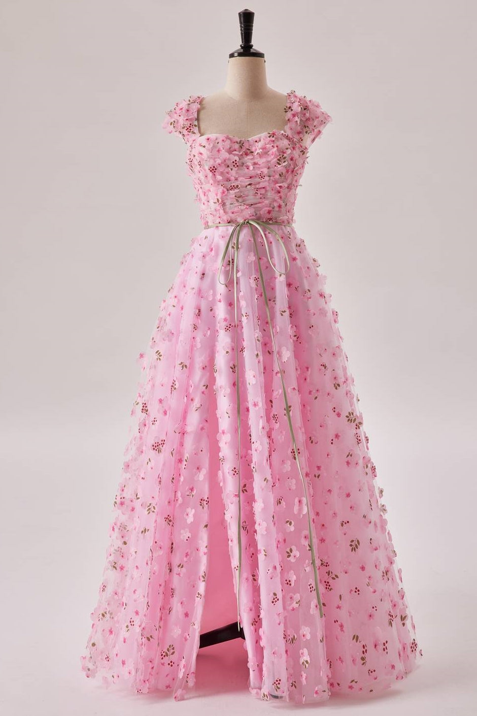 Pink Floral Cap Sleeves Long Formal Dress