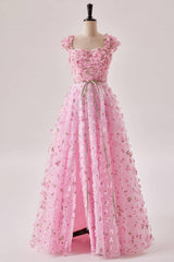 Pink Floral Cap Sleeves Long Formal Dress