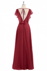 Wine Red Chiffon Backless Ruffled Sleeve Long Bridesmaid Dress