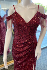 Wine Red Sequin Fringe Cold-Shoulder Long Prom Dress with Slit