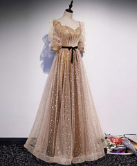 Champagne Sweetheart Tulle Long Prom Dress, Tulle Formal Dress