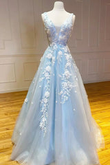 Blue V-Neck Tulle Long Prom Dresses, A-Line Blue Evening Dresses with Applique