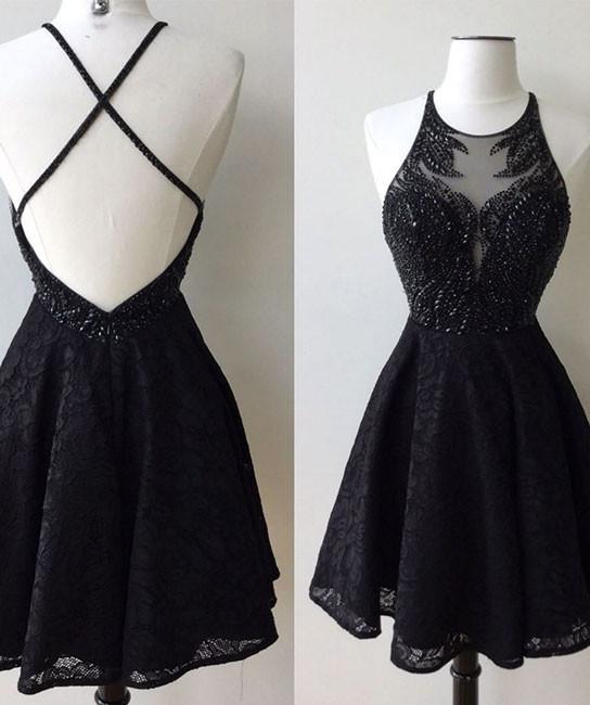 A-Line Jewel Backless Short Black Lace Homecoming Dress 2024 with Beading