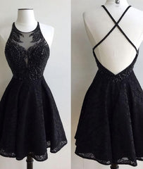 A-Line Jewel Backless Short Black Lace 2024 with Beading Homecoming Dresses