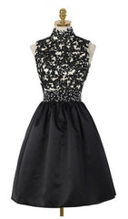 A-Line High Neck Open Back Above-Knee Black Homecoming Dress 2024 with Lace Sequins