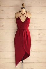 Sheath Halter Asymmetrical Dark Red Satin Homecoming Dress