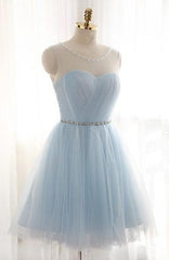 A-Line Jewel Light Blue Tulle Short Homecoming Dress 2024 with Beading Pleats