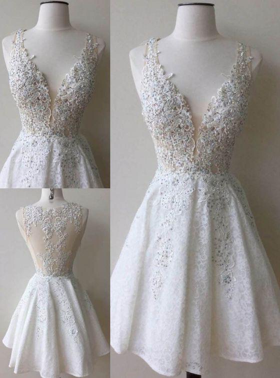A-Line Deep V-Neck White Lace Short Homecoming Dress with Appliques Beading