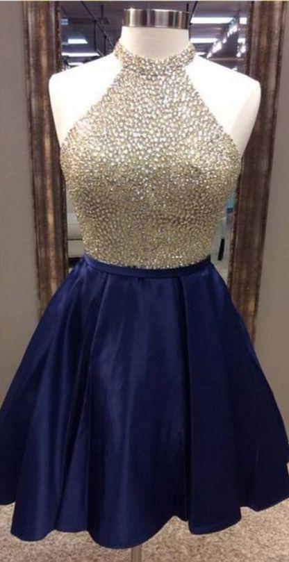 A-Line Jewel Navy Blue Satin Short Homecoming Dress 2024 with Beading