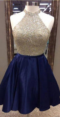 A-Line Jewel Navy Blue Satin Short Homecoming Dress 2024 with Beading