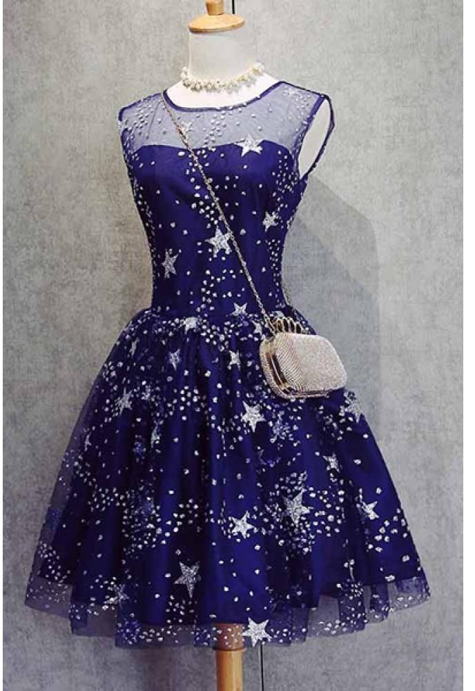 A-Line Scoop Royal Blue Tulle Short Homecoming Dress 2024 with Appliques