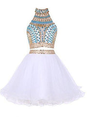Two Piece High Neck White Tulle Short Homecoming Dress 2024 with Beading Rhinestone