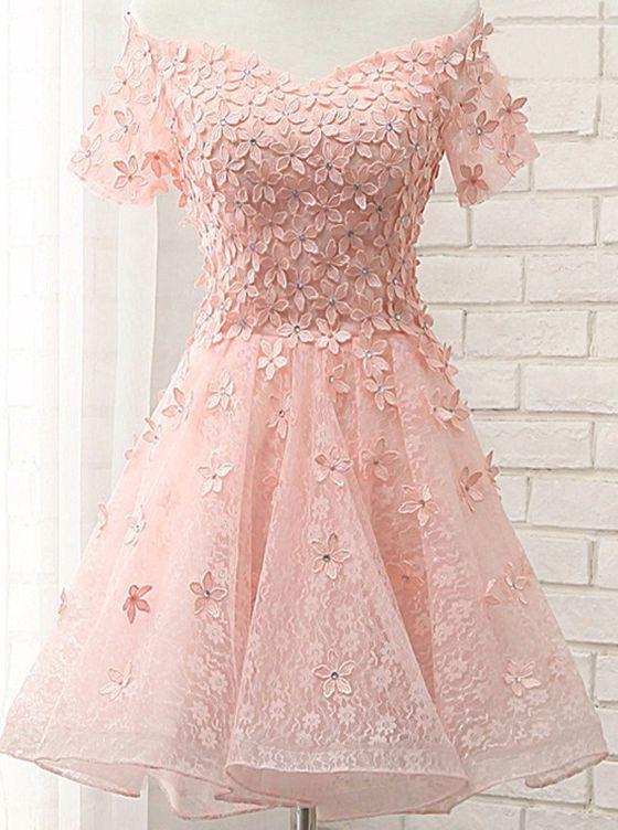 Princess/A-Line Off-the-Shoulder Appliques Short Coral Lace Homecoming/Prom Dresses