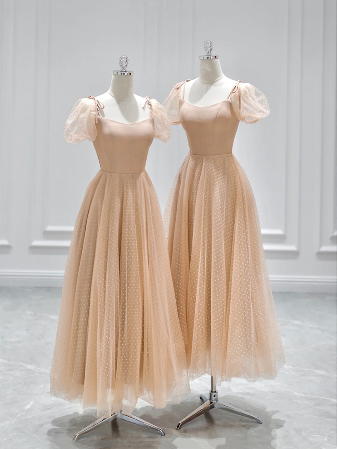 Cute Tulle Tea Length Prom Dress, A-Line Short Sleeve Evening Dress