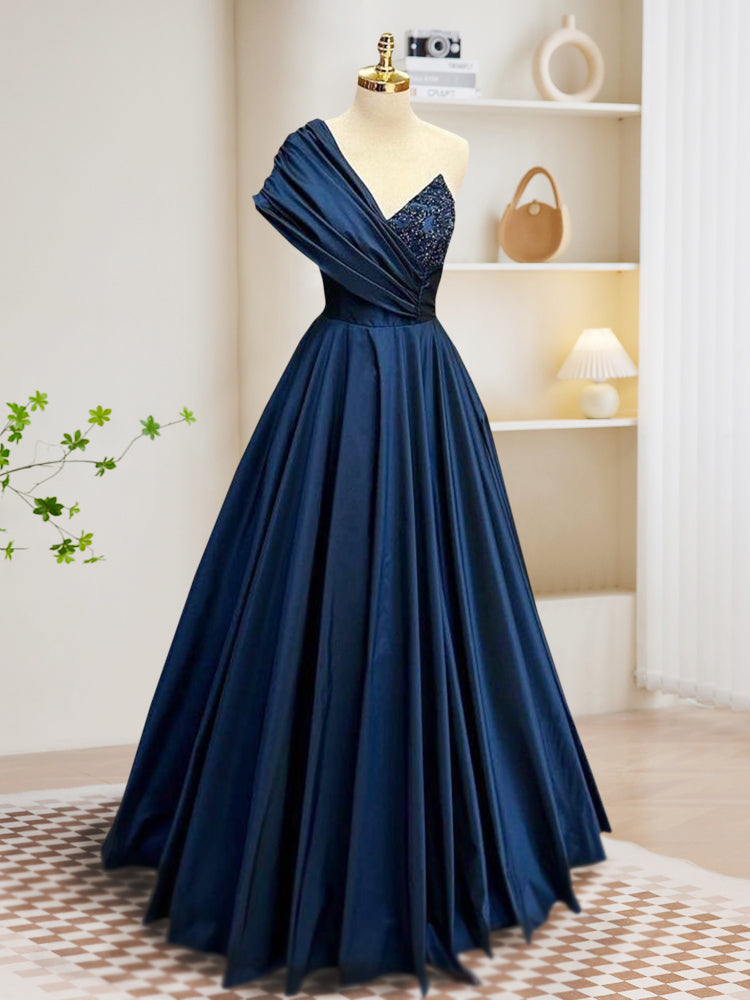 A-Line One Shoulder Satin Beads Dark Blue Long Prom Dress, Blue Long Evening Dress